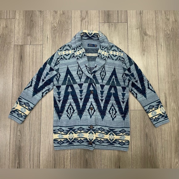 Polo Ralph Lauren Sweaters - Polo Ralph Lauren Blue Indigo Aztec Print Cardigan Sweater Size Large